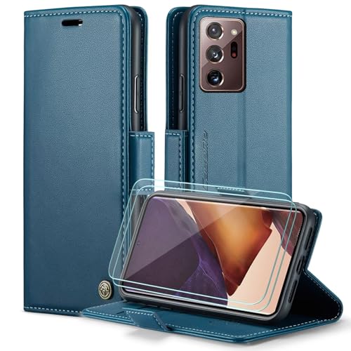 FERLAN Funda para Samsung Galaxy Note 20 Ultra + 2 Piezas Cristal Templado,Compatible con Carga inalámbrica, con Bloqueo RFID, Hebilla Magnetica, Ranuras para Tarjetas,Azul
