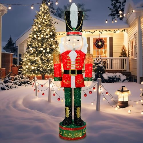 5FT Nutcracker Christmas Decoration Outdoor Lighted Large Nutcracker with Stakes & Zip Ties Pre-Lit 3D Nutcracker Soldier Figure for Yard Porch Lawn