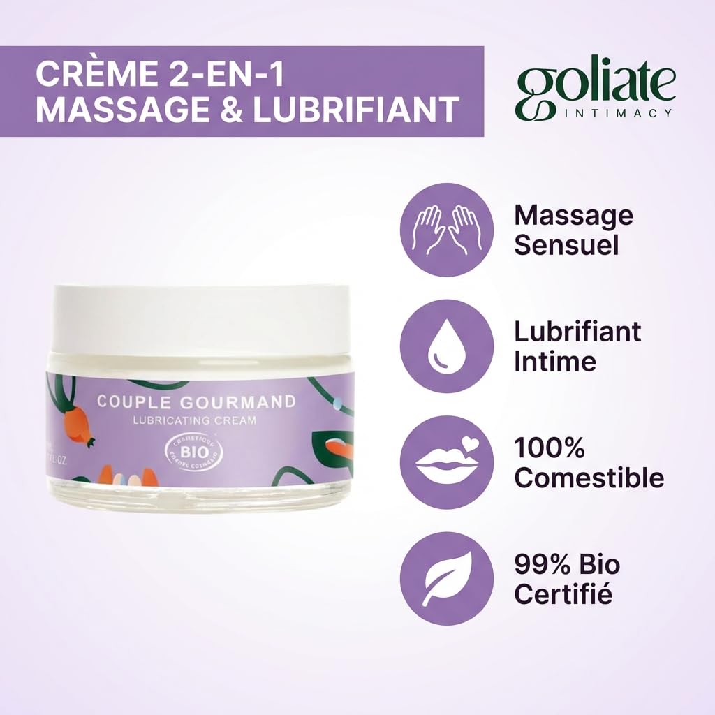 Goliate Huile de Massage Comestible et Lubrifiant Intime 2en1 Bio 50ml — Le Couple Gourmand, Certifié COSMOS ORGANIC par Ecocert, Végan, Fabriqué en France