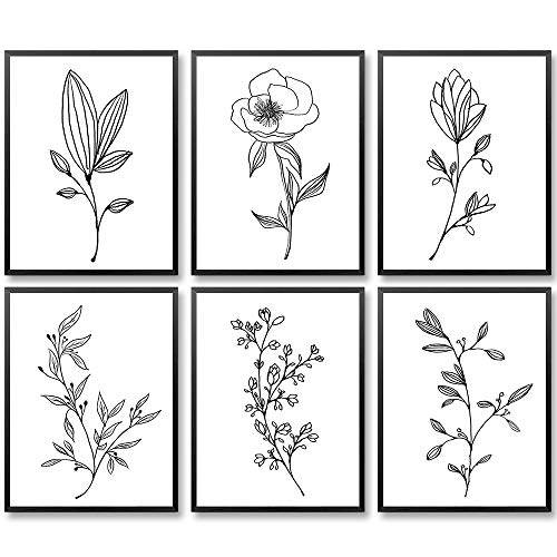 Minimalist Flowers Prints, Abstract Flower Art Print, 8 x10 Inches Plant Wall Art Prints, Line Art Wall Decor, Black and White Prints, Housewarming Gift (Set of 6, Unframed)