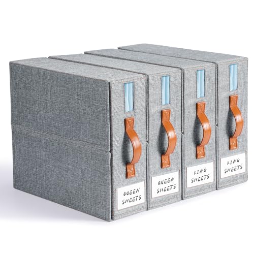 LAMU 4 Pack Bed Sheet Organizers and Storage, Foldable Sheet Organizer for Linen Closet, Sheets Set Folder Keeper with Window XL (Queen & King Size) Organizing Bedding Container, Grey