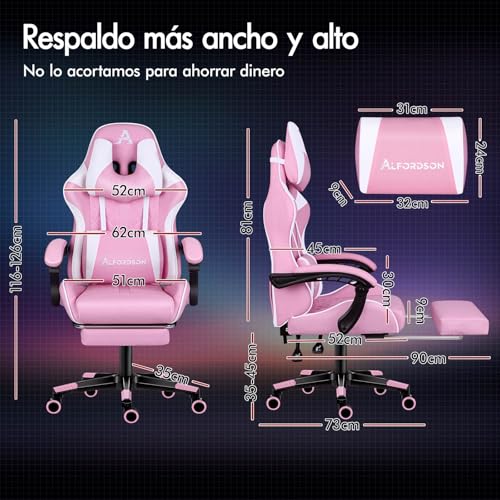 Miniatura 2 de Alfordson Silla Gaming Con Reposapiés Y Cojín Lumbar, Silla Ergonómica De Oficina Para Computadora Con Reclinación De 150 , Silla De Escritorio Para Videojuegos Con Respaldo Alto, Rosa