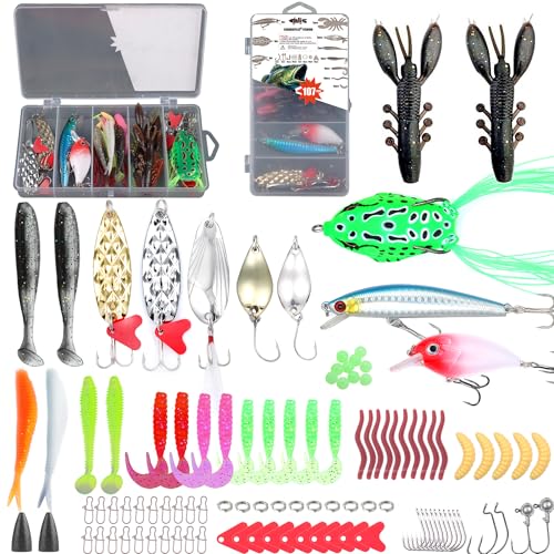 EXAURAFELIS Fishing Gear Fishing Lures Kit for Freshwater and Saltwater,Bass Trout Salmon Fishingtackle Box Including Spoon Lures Crankbaits Soft Plastic Worms Jigging Hooks