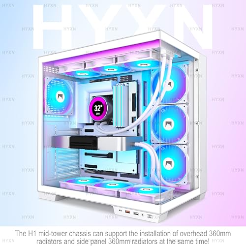 Image of H1 HYXN ATX PC Case - Pre-Installed with 7 PWM ARGB Fans - Dual Cavity Mid-Tower PC Gaming Case - with Type-C - Can Hold up to 3X 360mm Radiator Support simultaneously (White, H1)