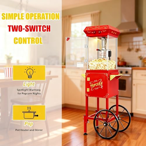 Image of Popcorn Machine with Cart 9oz - Retro Theater Style Popper Makes 36 Cups Per Batch, Stainless Steel Kettle & Wheels, for Home Movie Nights, Holiday Parties, School Events, Christmas Gift, Red