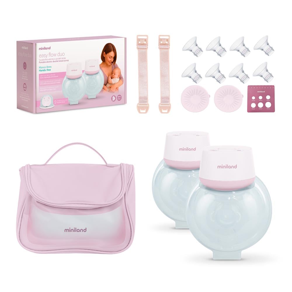 Miniland Easy Flow Duo Przenośna podwójna elektryczna laktator | Jednoczesne usuwanie, 2 tryby, 9 poziomów, wyświetlacz LED, ładowanie USB, 2×180 ml, BPA Free