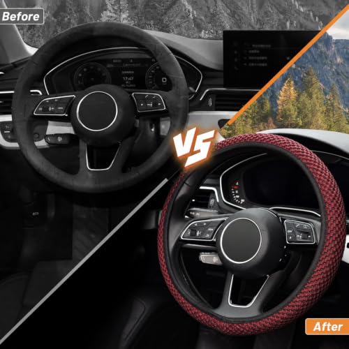 Image of KAFEEK Elastic Stretch Steering Wheel Cover, Universal 15 Inch, Wine Red