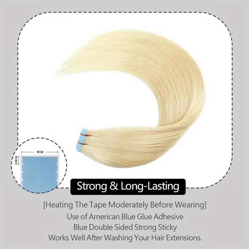 Tape in Hair Extensions Human Hair Platinum Blonde 18 Inch 50g/pack 20pcs Straight Seamless Skin Weft Tape in Real Human Hair Extensions (60A, 18inch)