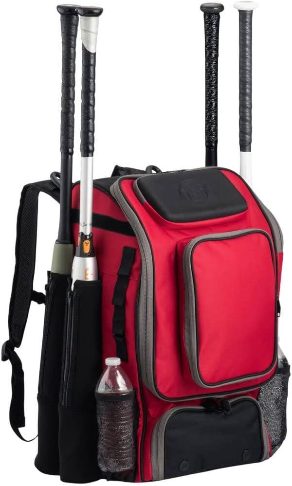 Tournament Backpack Baseball Bag for Adult and Youth, Large Capacity Bat Holder Bag Lightweight Softball Bag with Shoe Compartment and Fence Hook, Red/Black