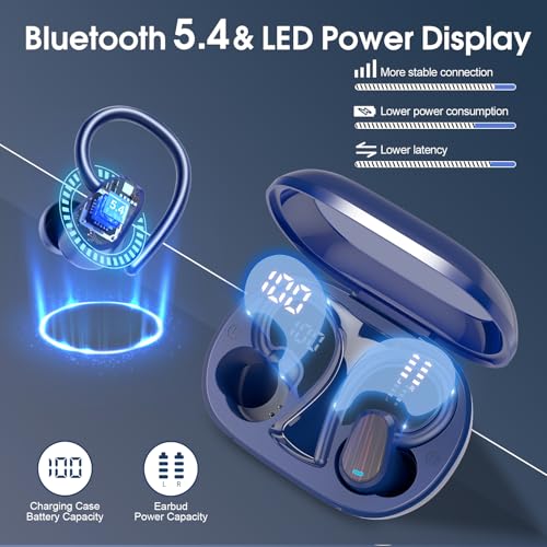 Image of Wireless Earbuds Bluetooth 5.4, 50H Playtime Sport Earphones with Earhooks, HiFi Stereo Bluetooth Hearphones with 4 ENC Noise Cancelling Mic, IPX7 Waterproof Over the Ear Buds for Gym /Running, Blue