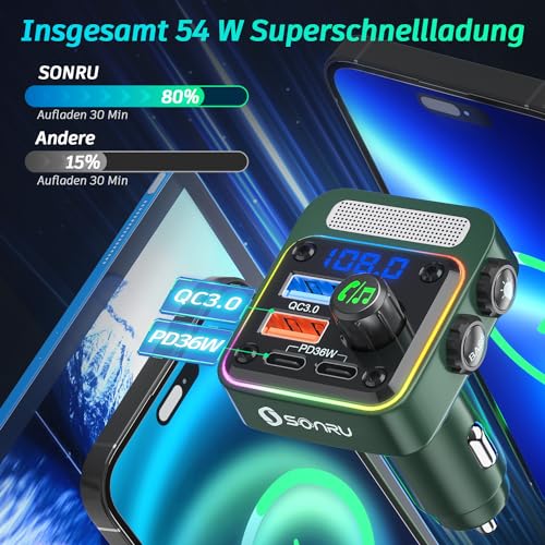 SONRU FM Transmitter Auto Bluetooth 5.3 Adapter Auto, Bass & HiFi Stereo Freisprechanlage für Auto...