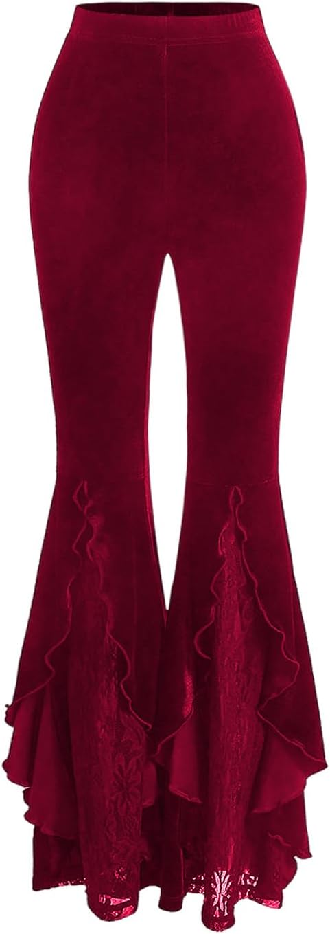 GORGLITTER Women's Lace Gothic Pants Y2K Fall Velvet Goth Bell Bottom Festival Halloween Renaissance Rave Flare Pants