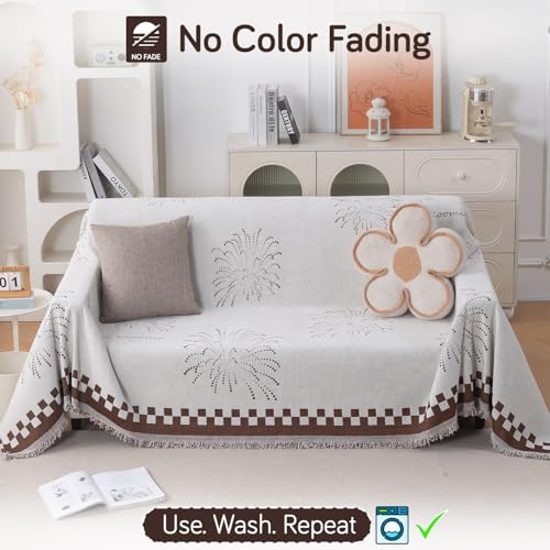 Image of HOKIPO Printed 320 GSM Chenille Sofa Cover Throw Blanket for 3 Seater Sofa - All Season, 'Serene Abode Series' Brown Dot Burst (180x310 cm) (AR-6633-D6)