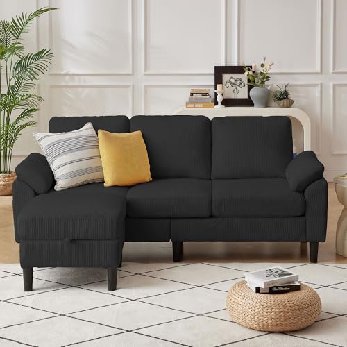 Image of 80''L Shaped Sectional Sofa Couch, 3 Seater Corduroy Sofa with Storage Ottoman, Removable & Washable Cushion Covers, Side Pockets, Modern L Couch for Living Room, Black