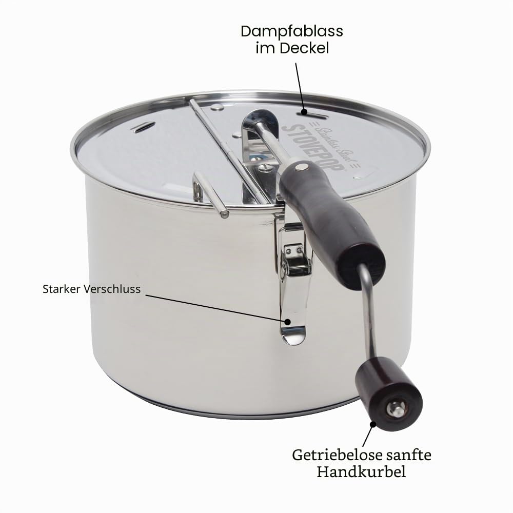 Time for Treats StovePop Popcorn-Popper aus Edelstahl – getriebelose Handkurbel, magnetischer Deckel, 6 Qt – Induktionsbereich kompatibel