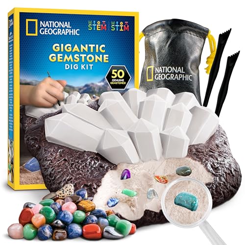 NATIONAL GEOGRAPHIC Gigantic Gemstone Dig Kit Excavate 50 Real Gems from a Giant Dig Brick Gem Mining Kit for Kids STEM Rock Collection Activity Includes Tools & Learning Guide