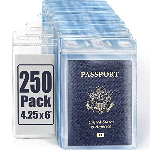 Image of 4x6 XXL Passport, ID, Name Card Holders - Vertical, Zipperless, 250 PK | Mifflin large clear plastic waterproof passport holder with soft edge, 5 pre-punched holes for all lanyard clips, bulk pack