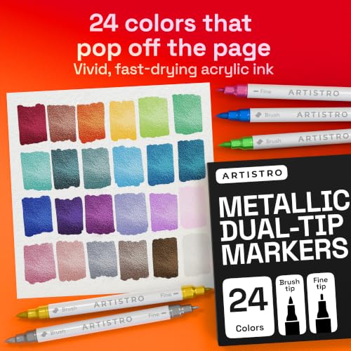 Image of ARTISTRO 24 Metallic Acrylic Paint Markers - Paint Pens for Drawing - For Fabric, Rock, Glass, Wood, Molds - Arts & Crafts Gift for Adults, Teens, Kids, Classroom Must Haves & School Supplies
