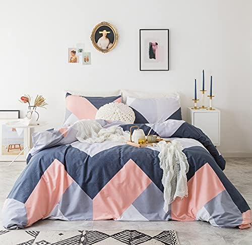 YuHeGuoJi Blue Geometric Duvet Cover Queen 100% Cotton Coral Chevron Duvet Cover Soft 3 Pieces Set 1 Modern Geometric Print Duvet Cover with Zipper 2 Pillowcases Navy Blue Bedding Breathable Comfy