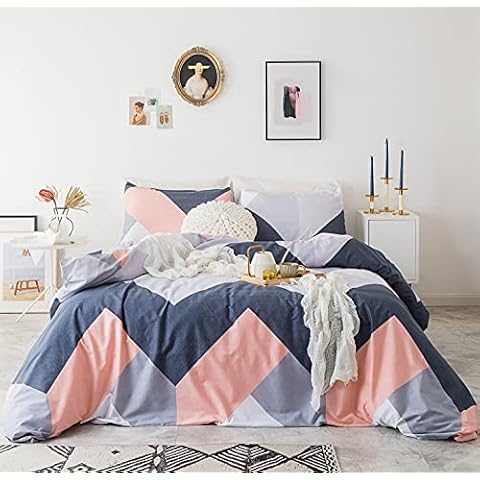YuHeGuoJi Geometric Duvet Cover King 100% Cotton Pink Striped Duvet Cover 3 Pcs Set 1 Modern Farmhouse Blue Grey Duvet Cover with Zipper Ties 2 Pillowcases Diamond Patterned Bedding Set Soft Cover