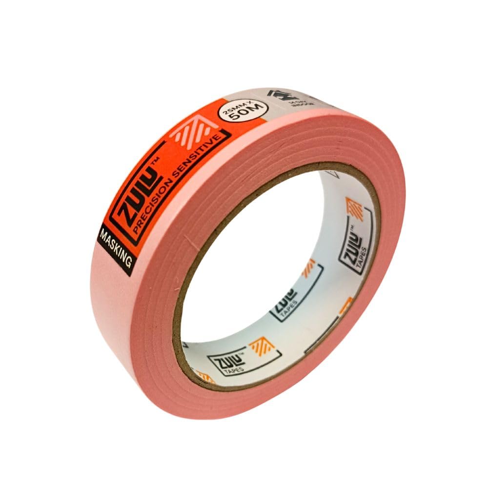 Zulu Precision Sensitive Indoor Pink Painters Masking Tape 25mm x 50m - Multi Surface Low Tack Clean Edges for All Paints - DIY, Painting, Decorating with up to 14 days Removal | (1 Pack)