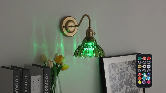 Image of Shenmoyl Battery Operated Wall Sconce Set of 2, Vintage Rechargeable Wall Lights with Green Lily Glass Shade, Wireless Indoor Wall Lamp with Remote for Bedroom Living Room Bathroom