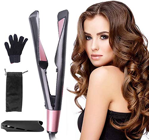 Lockenstab, Glätteisen, Haarglätter, Curl&Straight 2in1 Keramik Tourmaline Welleneisen Hitzeschutz Lockeneisen geschwungene Stylingplatten zum Glätten, Locken & Wellen mit Temperatureinstellung