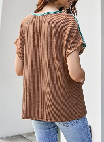 Dokotoo Womens Summer Tops 2026 Fashion Color Block Shirts Casual Crewneck Oversized Tshirts Ribbed Knit Tees Blouse - image 2