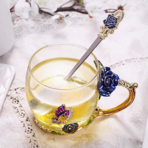 Kaiyuan Dynasty Tea Cup Glass Coffee Mugs Enamel Rose Flower Butterfly Drinking Cups with Spoon Set for Birthday Wedding Blue Rose Mug 12oz
