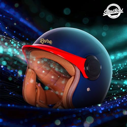 Image of Steelbird SBH 65 Retro 3.0 DOT and ISI Certified Open Face Helmet for Men and Women (X-Large 620 MM,Glossy Armada Blue with Red Peak)