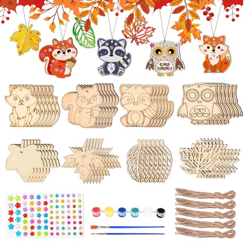Ntwdby 48 Stück Herbst Basteln Kinder Holz, Bastelset Herbst, Mit 4 Stilen Herbst Blätter Deko und Tier Deko, Herbst Anhänger Holz Dekoration Erntedankfest, Herbstdeko Geschenke für Jungen Mädchen