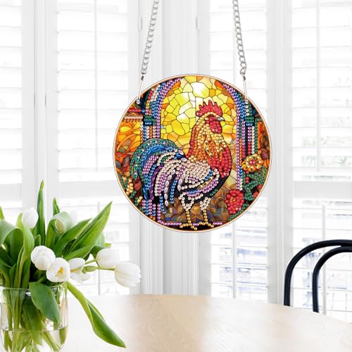 Image of AiYuanzsh DIY 5D Diamond Art Hanging Pendant, Rooster Acrylic Rhinestone Ornament for Wall Door Window Decor, Diamond Painting Animal Craft Gift for Home or Christmas Decoration