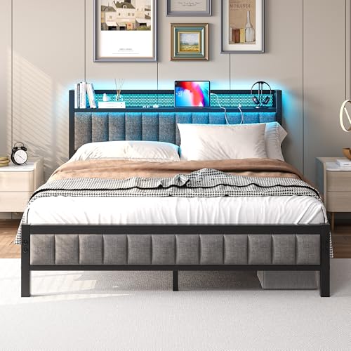 MOFLUT Metall Bett 160x200 mit Holz Stauraum Kopfteil und Ladestation