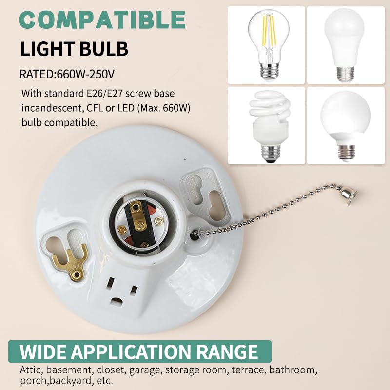 LUCKY STAR E26 Ceiling Type Switch Porcelain lampholder One-Piece Glazed Porcelain Outlet Box Mount, Incandescent Lampholder, Pull Chain, Top Wired, White（1） Pack