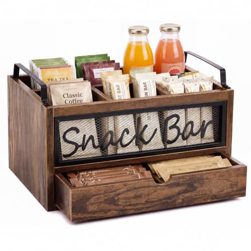 Yiyiring Wood Snack Bar Organizer Countertop with Drawer and Handles 4-compartment Vintage Wooden Snack Storage Box for Kitchen Office Chips Candy Bars by Yiyiring - Used condition - US$30.39