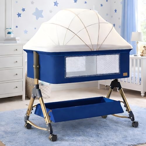 Image of Baby Comfortable 6-in-1 Baby Cot, Crib, Bedside Bassinet, Adjustable Height, Mosquito Net, Storage Basket, Wheels, and Mattress | Easy Folding, Unique Design-Blue | Breathable Cloth