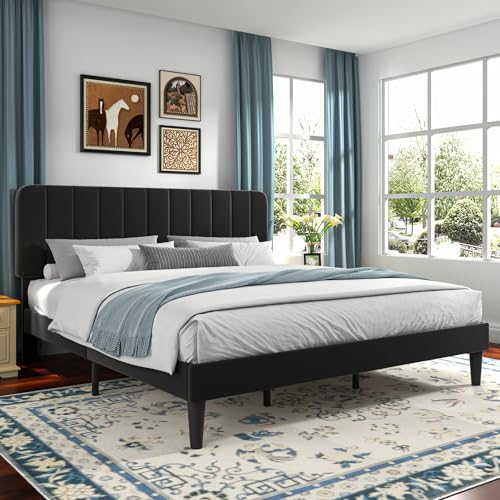 Image of VECELO King Size Bed Frame with Upholstered Headboard, Velvet Platform Bedframe Mattress Foundation, Strong Wood Slat Support, No Box Spring Needed,Black