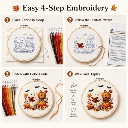 Image of YOUDRN Halloween Ghost Reading Book Embroidery Kit for Beginners Adults | DIY Halloween Embroidery Kits, Ghost, Fall Pumpkin, Maple Pattern, Cotton Threads, Needles, Instruction, 20 cm Hoop