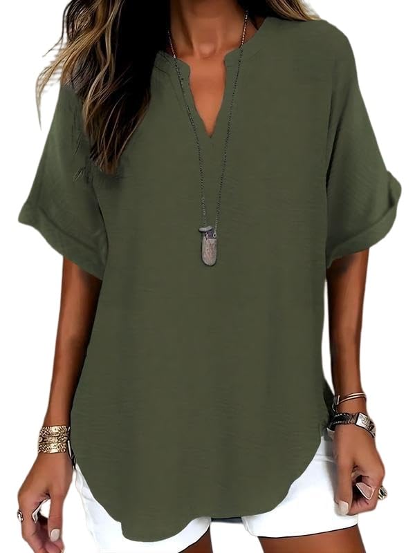 Womens Cotton Like Linen Texture Tops Casual Half Sleeve Crew V Neck Blouse Shirt Loose Fit Breathable Summer Tee Deepgreen