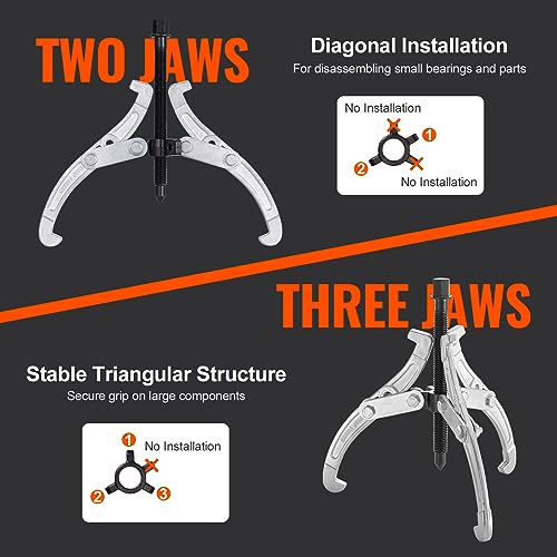 Image of VEVOR Gear Puller Set, 3 inch 4 inch 6 inch 8 inch Puller Kit, 3 Jaw Gear Bearing Flywheel Pulley Removal Tool, 2 or 3 Reversible Jaws Wheel Puller, Vertically and Horizontally, External and Internal, 4-Piece