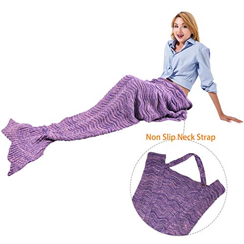 Mermaid Tail Blanket with Anti-Slip Neck Strap, Soft Silky Hand Knitted Mermaid Sleeping Blanket for Girls Women Adults Teens All Seasons Sleeping Bag Purple 66.5" x 22.5" by Catalonia