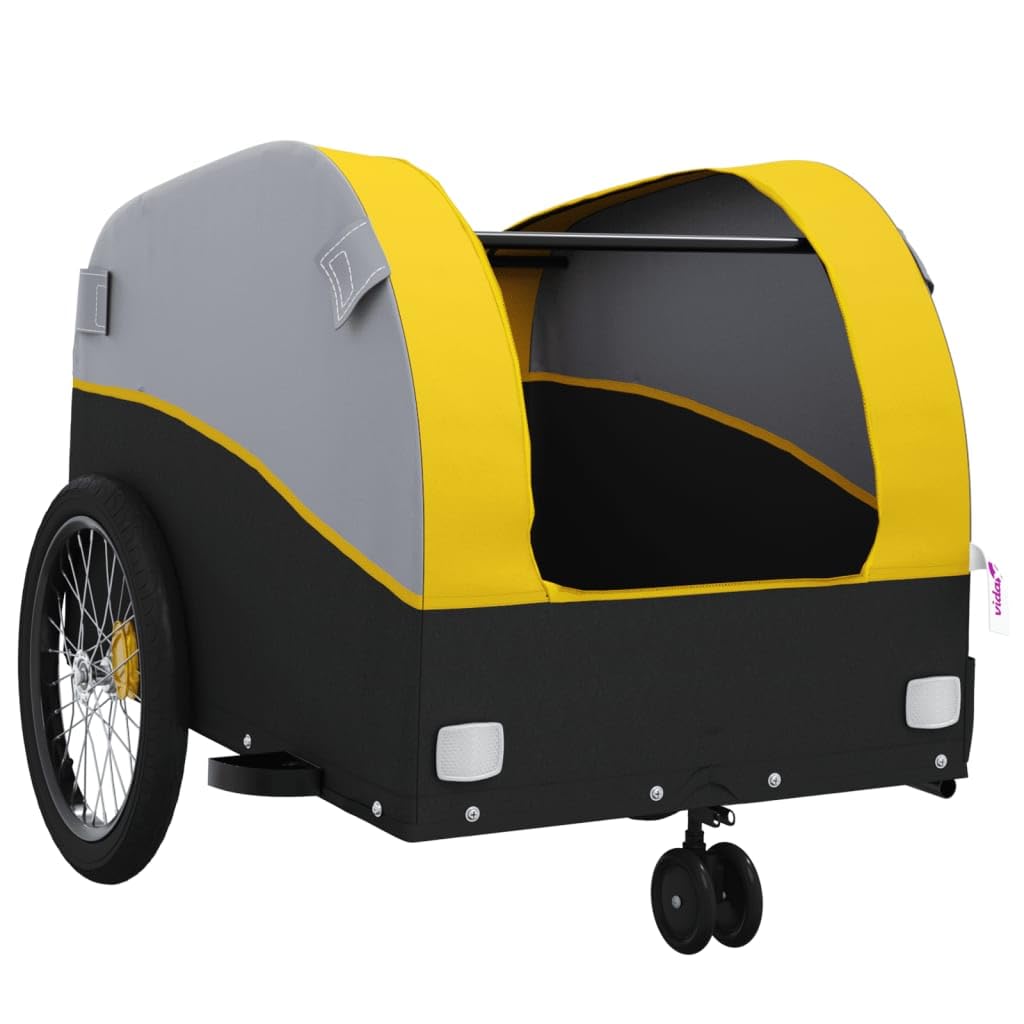 Remolque de bicicleta plegable de hierro negro y amarillo con capacidad de carga de 30 kg, con enganche y bandera de seguridad para transportar equipaje, perro, niño, camping, ciudad y al aire libre