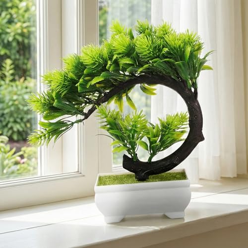 Image of Dekorly Artificial Fake Bonsai Potted Japanese Pine Bookshelf Decor, Artificial Bonsai Plant for Office Tabletop Decor | Indoor Cabinet Decoration | C Shape Plant (Green-2D, Height : Upto 22CM)