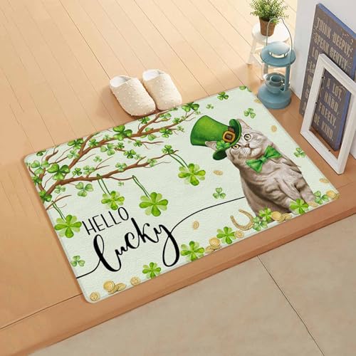 St. Patrick's Cat Kitchen Bath Door Mat Cushioned Runner Rug,Washable Welcome Floor Sink Antifatigue Mat,Waterproof & Non-Slip Comfort Standing Doormat,Spring Green Plant Tree Watercolor 18