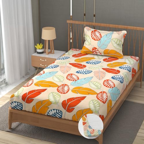 Image of Premium Heavy Cotton Elastic Fitted Bedsheets with 1 King Size Pillow Covers | Single Bed with All Around Elastic 350 TC | 36 x 78 x 6 Inch Single Size Fitted | :- Colorfull Cordate