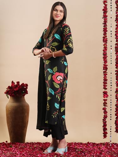 Image of GoSriKi Women's Rayon Blend Straight Printed Kurta with Pant & Dupatta