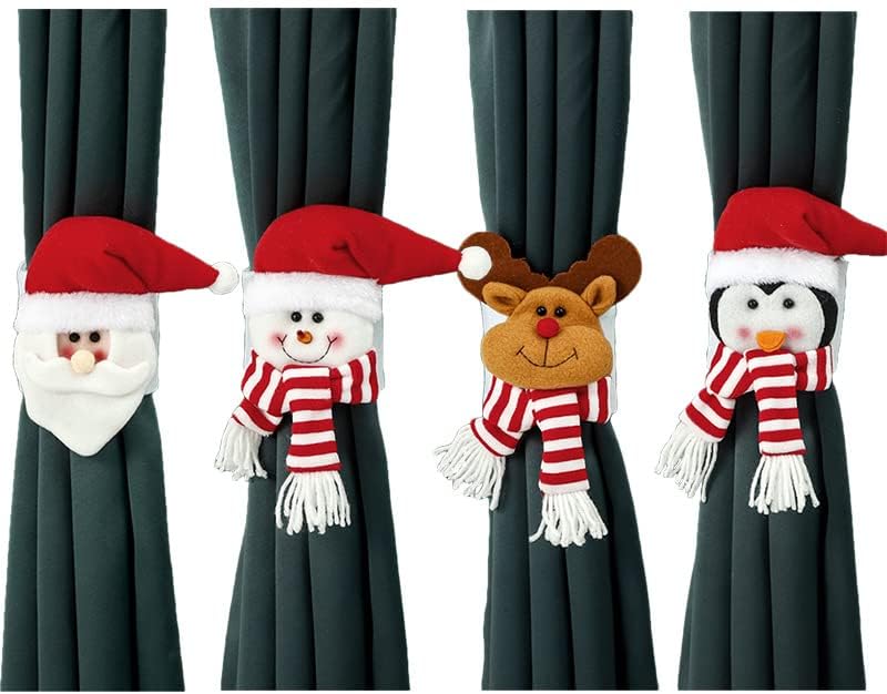 mdgfge Christmas Curtain Buckle Snowman Santa Elk Penguin Curtain Tiebacks Holdback Fastener Cartoon Doll Holder for Home Party Window Decorations Xmas Bottle Topper Ornaments Supplies (4 Pcs)