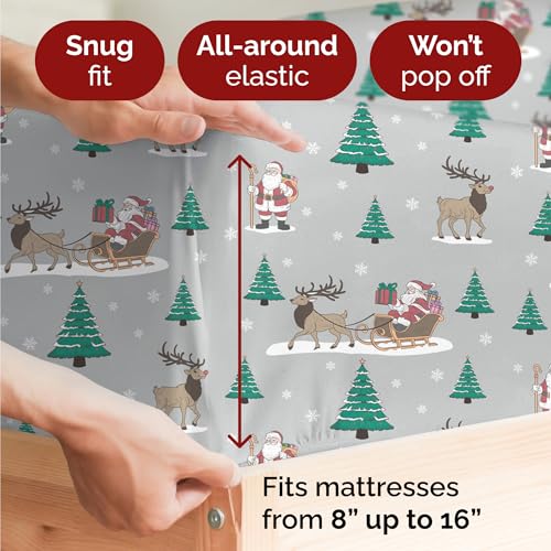 Split King Christmas Santa’s Sleigh Sheet Set - Holiday Xmas Pattern Bedding Set - Deep Pockets - Snug Fit - 5 Piece - Wrinkle Free - Cozy Festive Winter Holiday Sheets for Women, Men, Kids & Teens