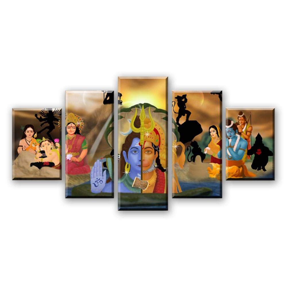 ThreU-5 Pieces Canvas,Board Painting,Modular Wall Decor,Hd Print,Abstract Mural Sticker Poster,Modern Home Decoration, Hanuman And Shiva India Buddhism Ganesha,150Cm×80Cm,Framed
