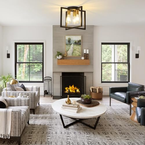 Bosomfr 3-Light Ceiling Light Fixture, Black and Gold Semi-Flush Mount Chandelier with Geometric Metal Shade, Farmhouse Industrial Lighting for Kitchen Living Room Bedroom Hallway Foyer, E26 Base by Bosomfr - Used condition - Image 6